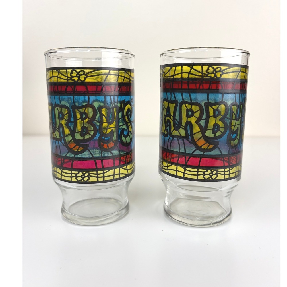 Vintage 1970s Arby's Stained Glass Tumblers Set of 2 Restaurant Advertising